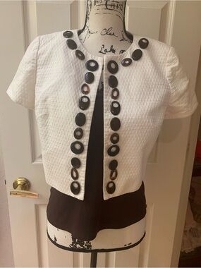 LOFT Cream Textured Cropped Jacket with Faux Wooden Buttons